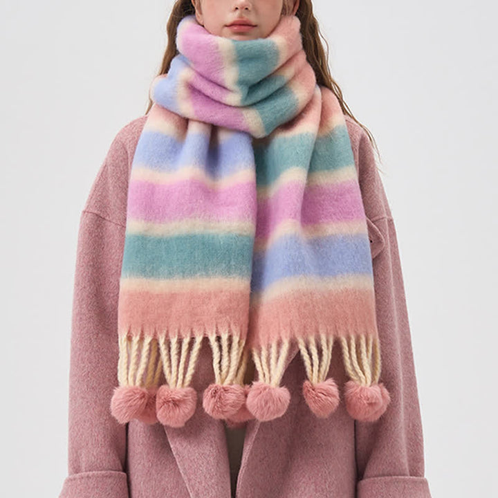 Sciarpa con nappe a righe color arcobaleno da donna - image 4