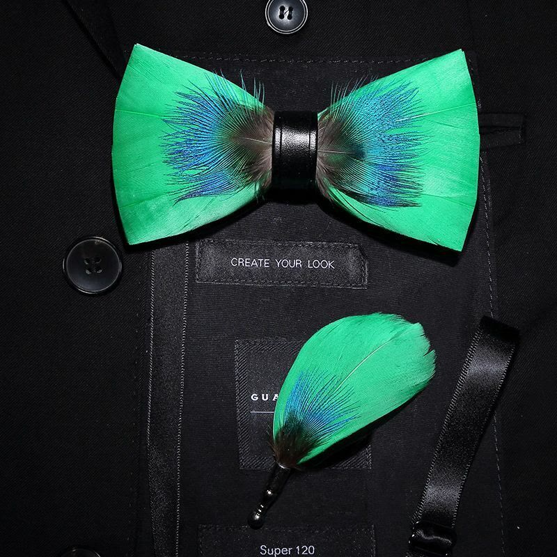 Papillon con piume blu e verde per bambini con spilla da bavero - Adulto - image 2