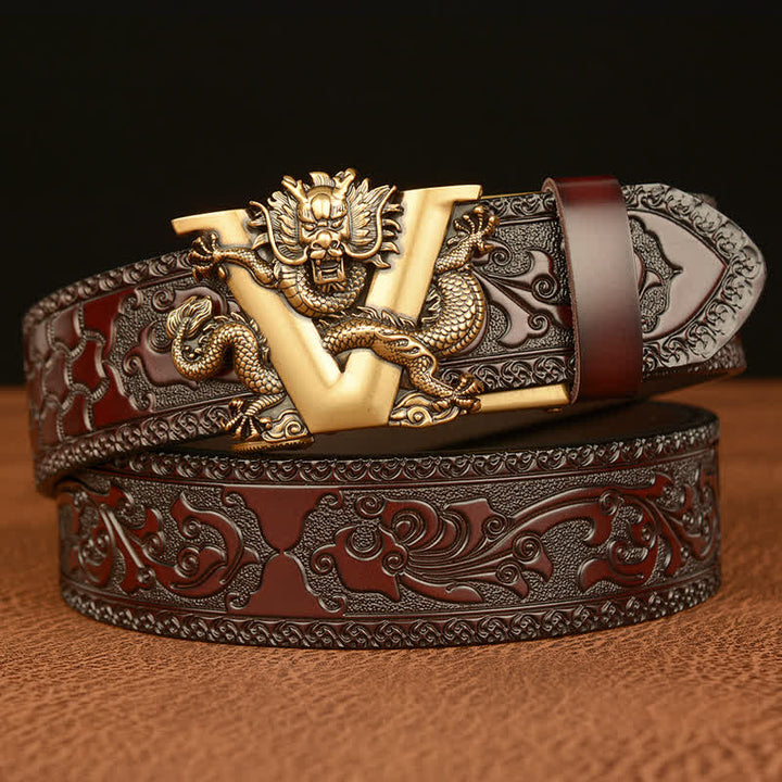 Cintura in pelle con goffratura a forma di drago con lettera V da uomo