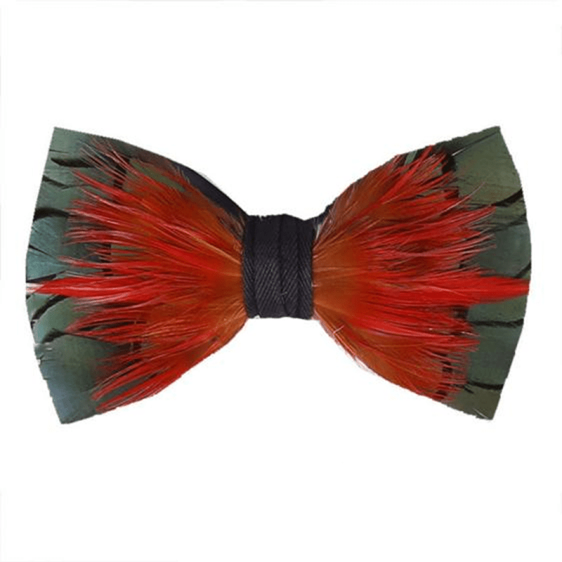 Papillon con piume rosso acceso e verde scuro con spilla da bavero - Rosso e verde scuro - image 0