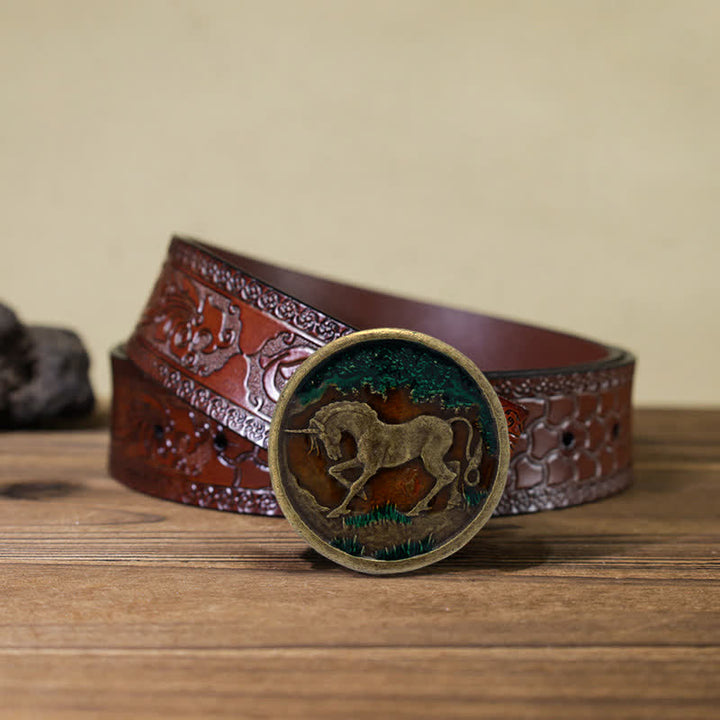 Cintura in pelle con fibbia in bronzo antico con unicorno mistico fai da te da uomo