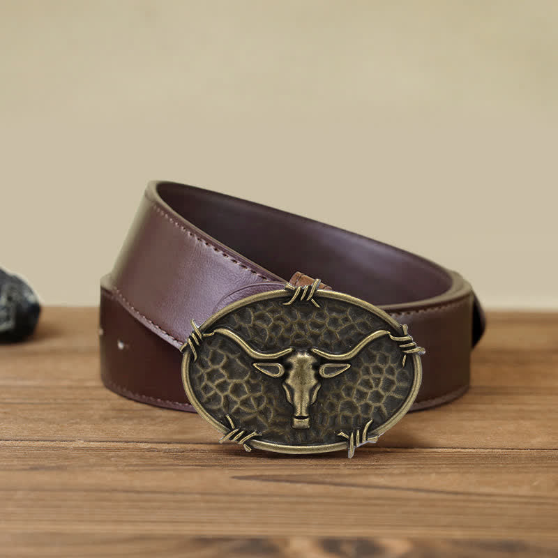 Cintura in pelle con fibbia martellata a forma di testa di toro da cowboy fai da te da uomo