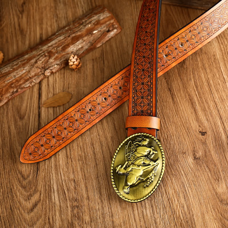 Cintura in pelle con fibbia geometrica a forma di cavallo da corsa da uomo