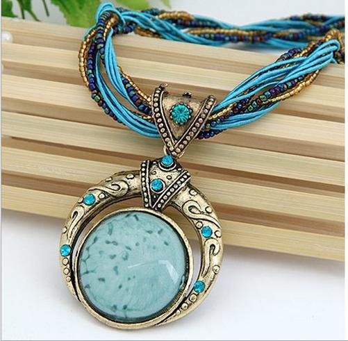 Collana bohemien vintage fatta a mano con perline e pietra rotonda - Blu - image 6