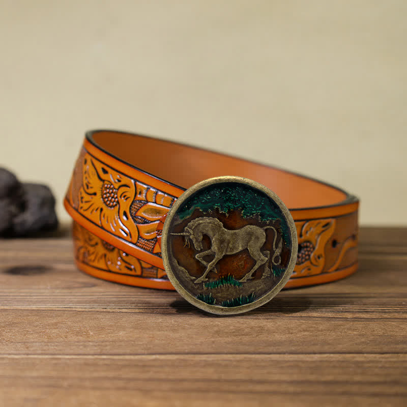 Cintura in pelle con fibbia in bronzo antico con unicorno mistico fai da te da uomo