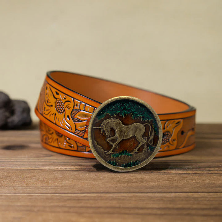 Cintura in pelle con fibbia in bronzo antico con unicorno mistico fai da te da uomo