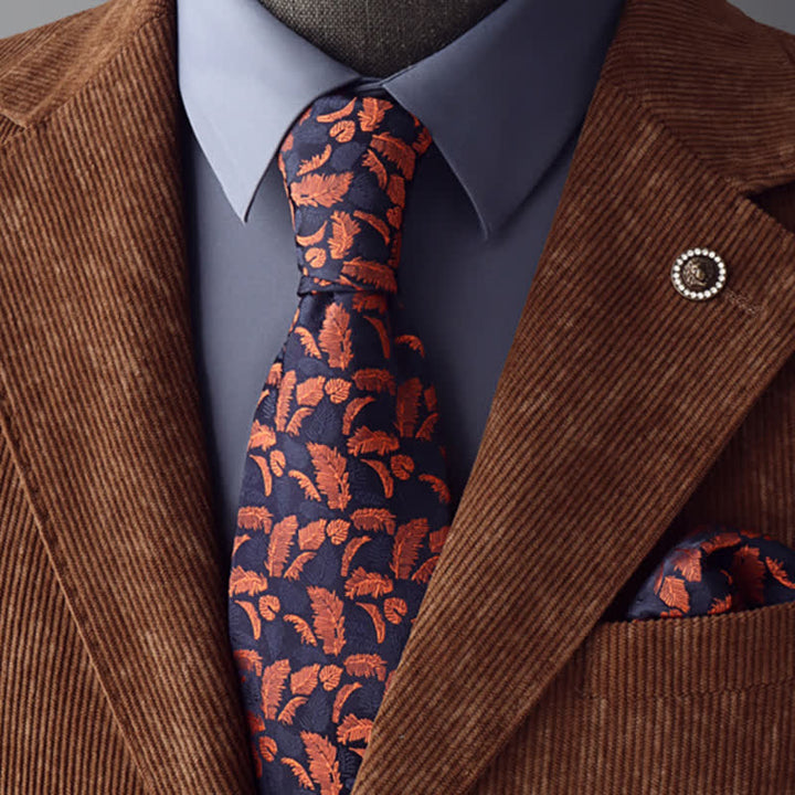 Cravatta da uomo con stampe di piume arancioni e blu navy
