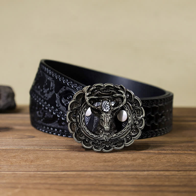 Cintura in pelle con fibbia in corno di alce 3D fai da te da uomo - Argento antico - Cintura nera intagliata (40) - image 13