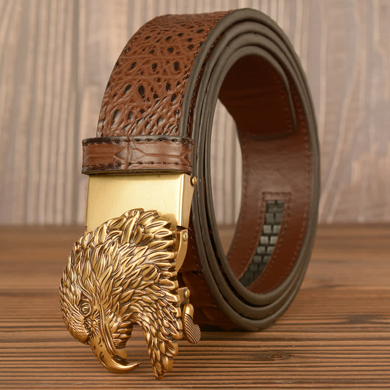 Cintura da uomo in pelle goffrata con testa d'aquila e coccodrillo - Oro e marrone - 46 - image 1