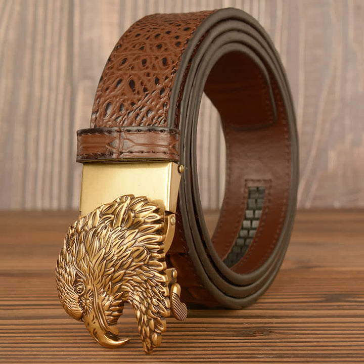 Cintura da uomo in pelle goffrata con testa d'aquila e coccodrillo - Oro e marrone - 46 - image 1