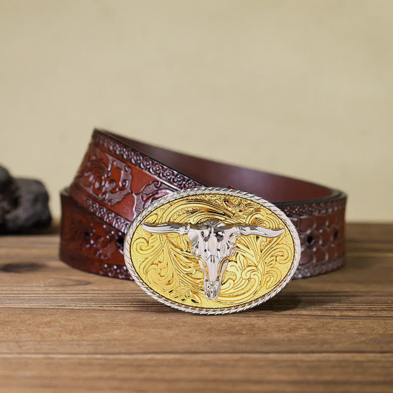 Cintura in pelle con fibbia a testa di toro dorata fai da te da uomo