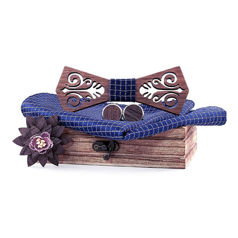 Set di 4 papillon in legno con motivo a fiori cavi da uomo - Blu navy semplice - image 10