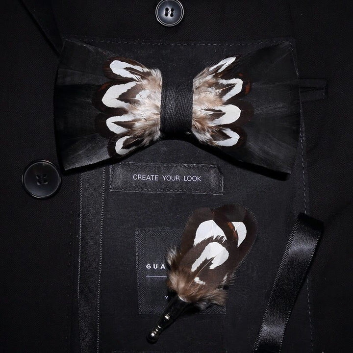 Papillon con piume e spilla da bavero per bambini, motivo bianco e nero - Adulto - image 2
