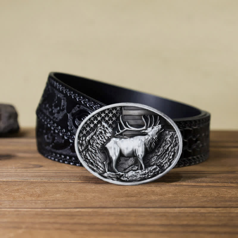 Cintura in pelle fai da te con fibbia della bandiera americana a forma di cervo e alce da uomo - Argento antico - Cintura nera intagliata (40) - image 15