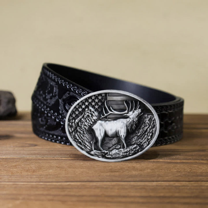 Cintura in pelle fai da te con fibbia della bandiera americana a forma di cervo e alce da uomo - Argento antico - Cintura nera intagliata (40) - image 15