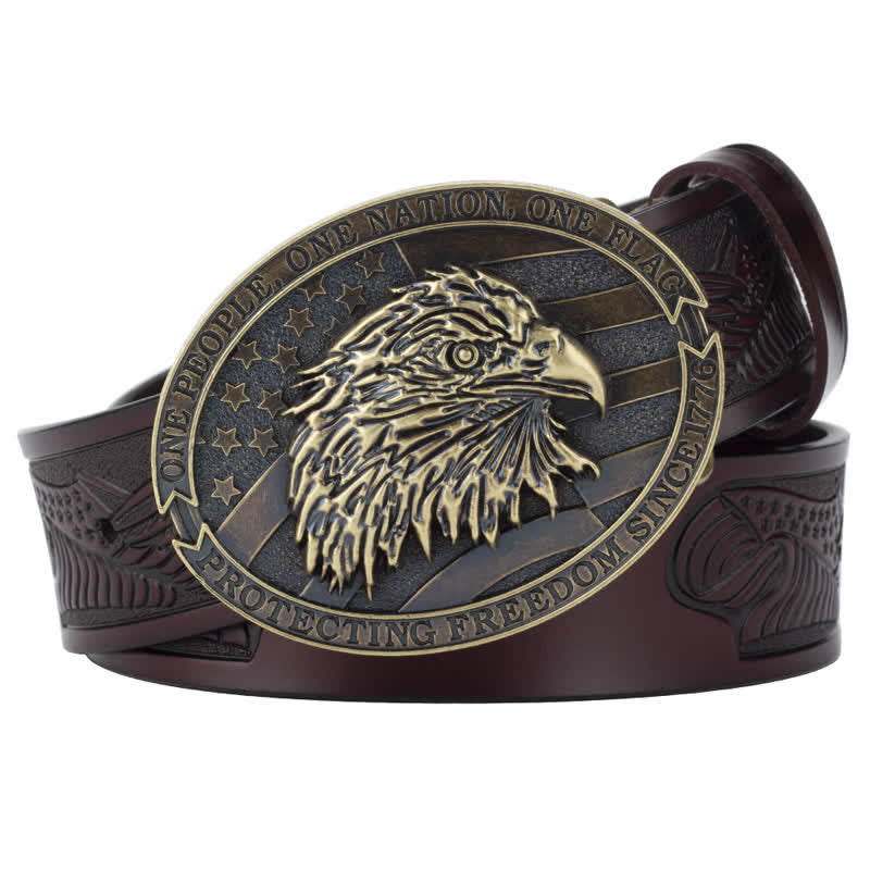 Cintura in pelle con fibbia della bandiera americana con testa d'aquila calva da uomo