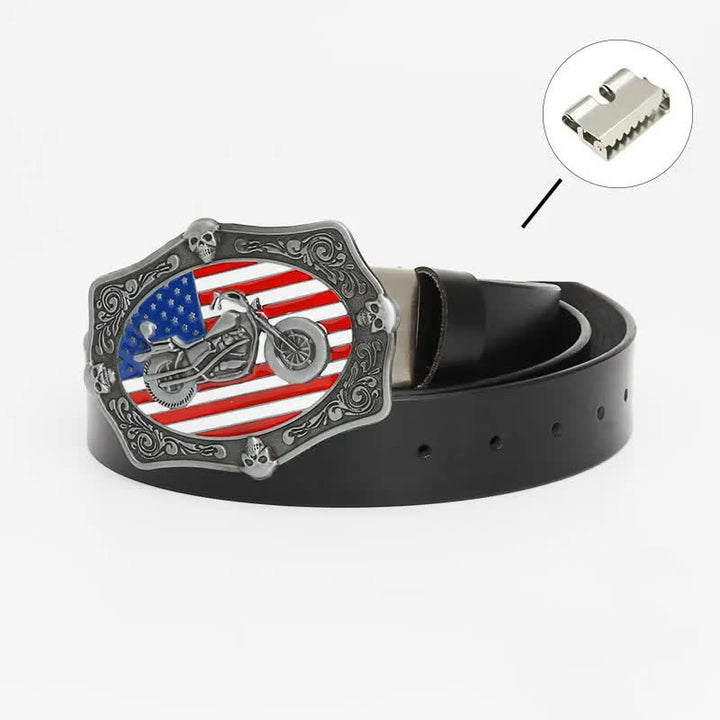 Cintura in pelle da uomo con teschio e bandiera americana per motociclisti