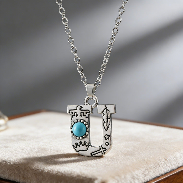 Collana vintage con ciondolo a forma di iniziale turchese - U - image 23