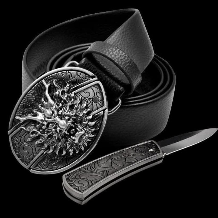 Cintura in pelle da uomo con testa di drago e coltello pieghevole