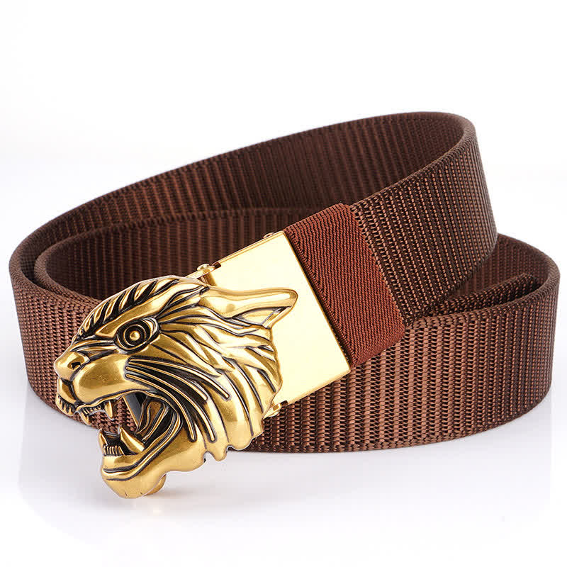 Cintura in nylon con testa di tigre ruggente da uomo - Marrone / Oro - 48" - image 12