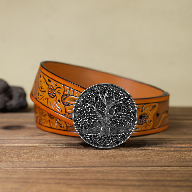 Cintura in pelle con fibbia rotonda fai da te con albero della vita da uomo - Argento - Cintura intagliata arancione (40) - image 24