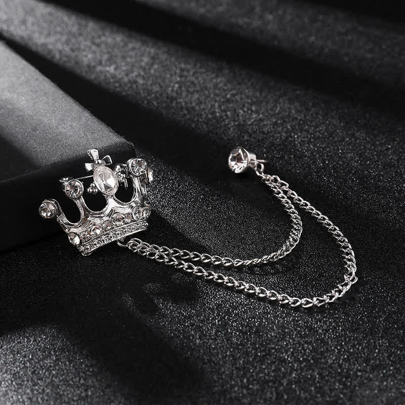 Spilla da uomo con catena a corona retrò e strass - Argento e bianco - image 2