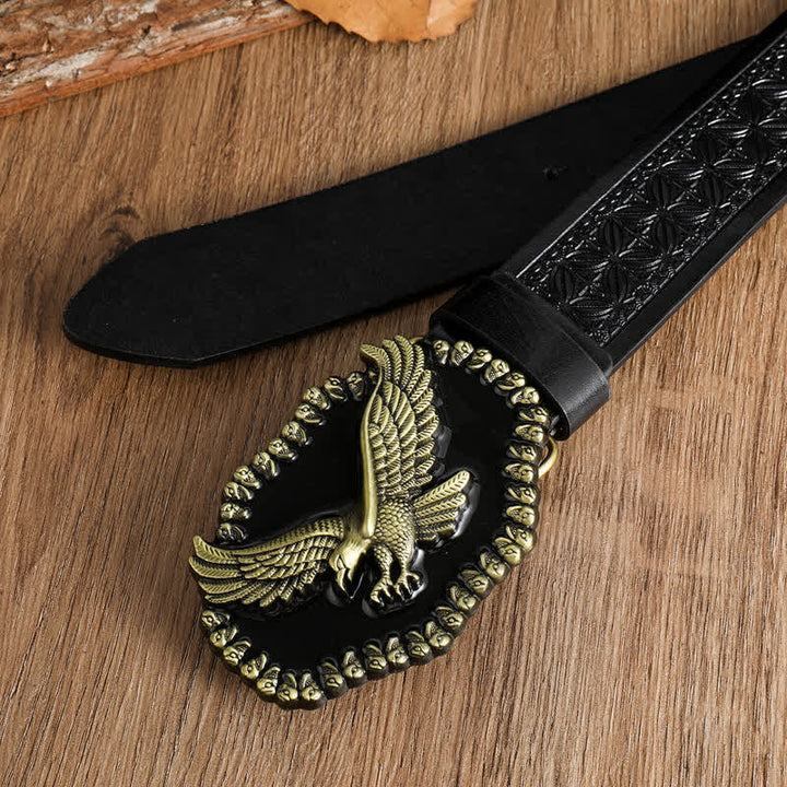 Cintura in pelle da uomo con aquila in oro antico e falco che vola