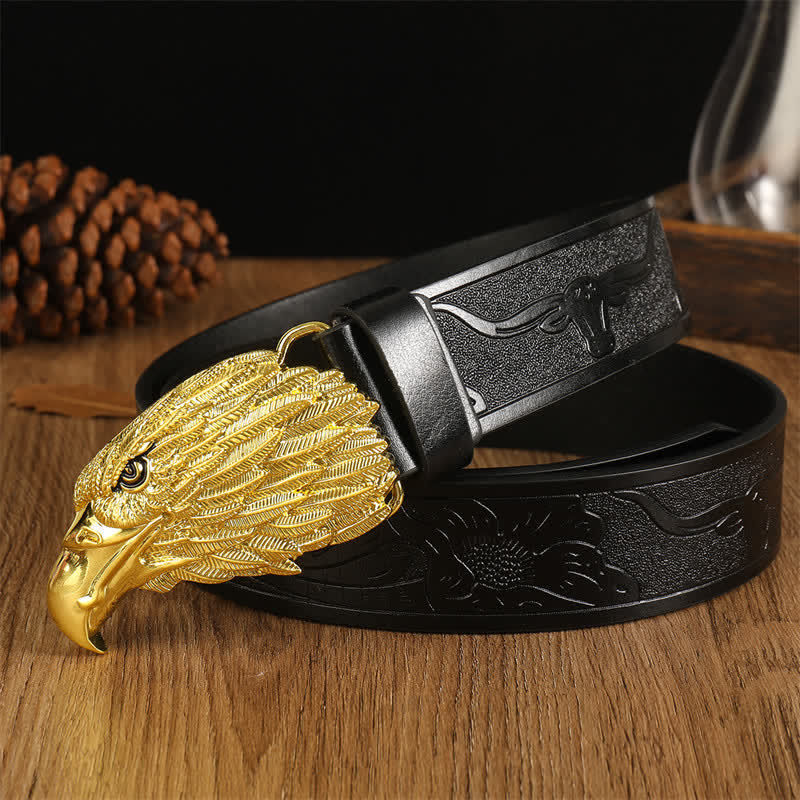 Cintura da uomo in pelle western con testa d'aquila e avvoltoio realistico - Nero #1 / Oro - 42 - image 15