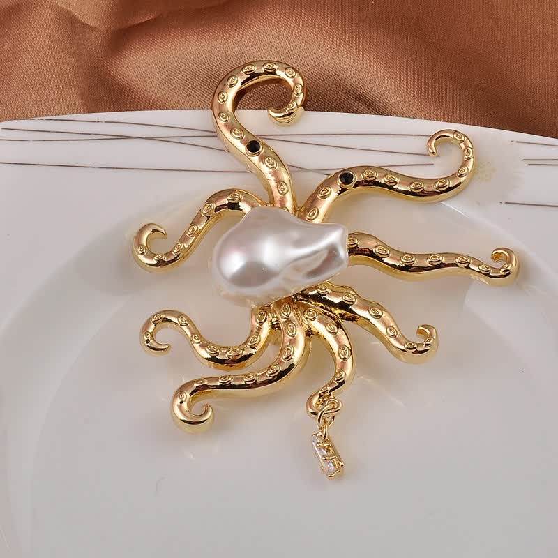 Spilla unisex con grande perla a forma di polpo tropicale - Oro - image 1