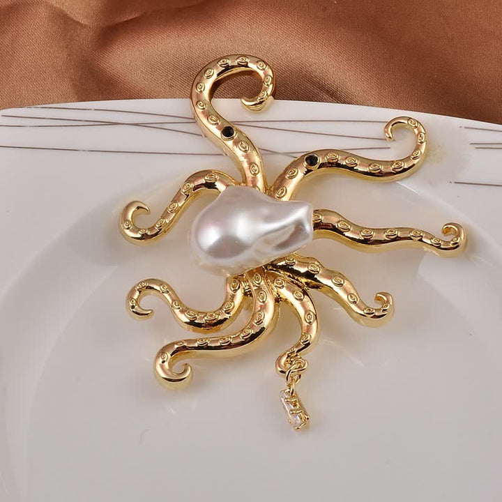 Spilla unisex con grande perla a forma di polpo tropicale - Oro - image 1