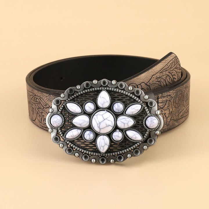 Cintura in pelle goffrata con gemme bianche etniche da donna