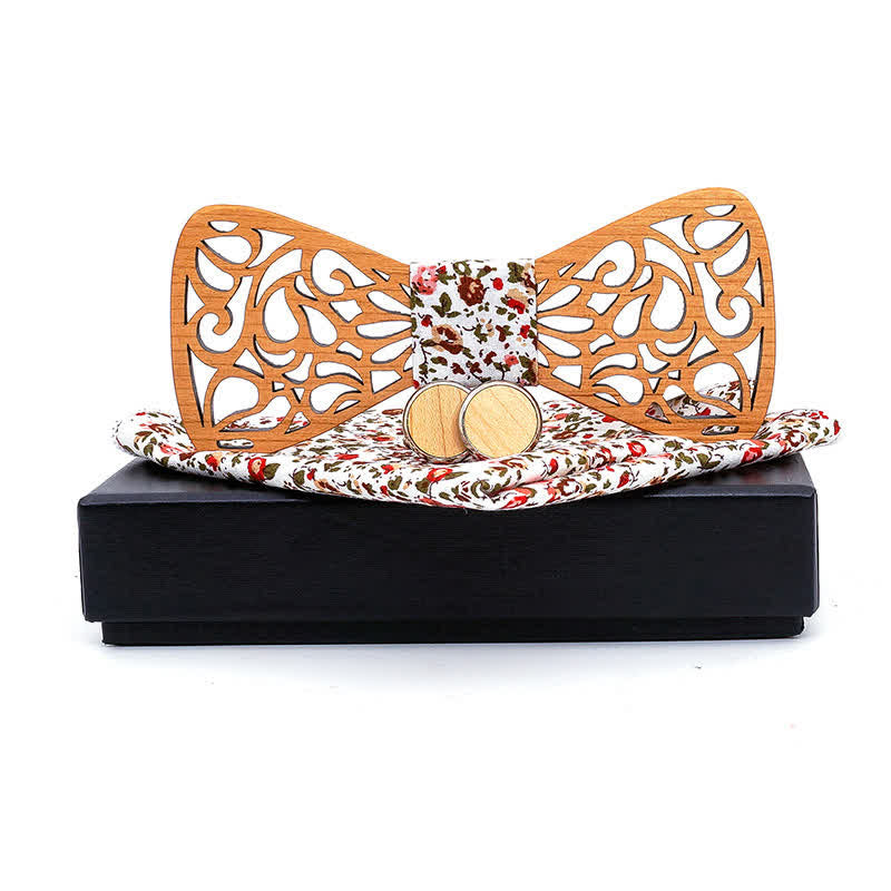 Set di 3 cravatte a farfalla in legno cavo vintage da uomo - Bianco e rosso floreale - image 8