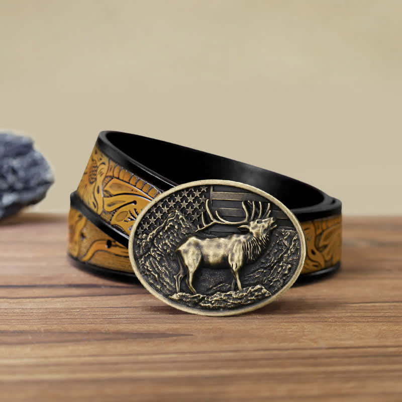Cintura in pelle fai da te con fibbia della bandiera americana a forma di cervo e alce da uomo - Bronzo antico - Cintura marrone sabbia (40) - image 22