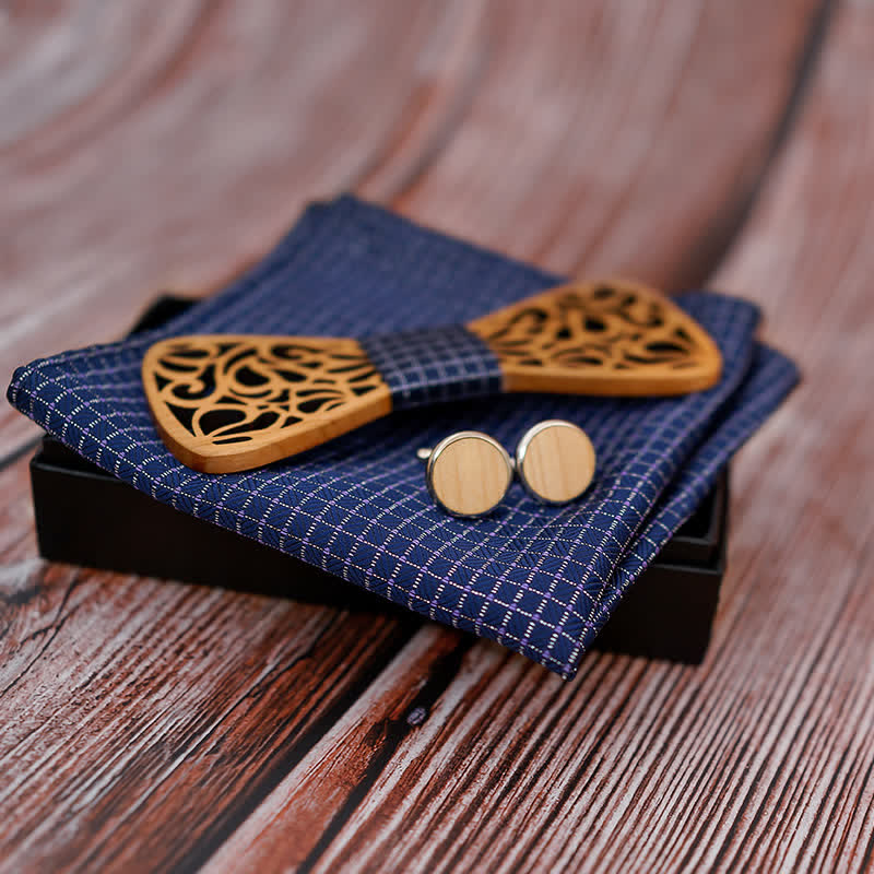 Set di 3 cravatte a farfalla in legno cavo vintage da uomo - image 2