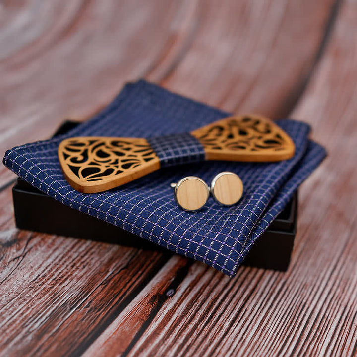 Set di 3 cravatte a farfalla in legno cavo vintage da uomo - image 2