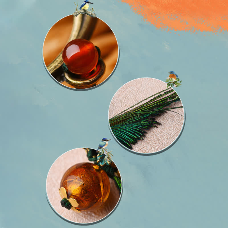 Spilla da donna retrò in bronzo con fiore e piuma di pavone