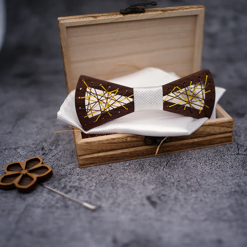 Set di 3 papillon in legno ricamati e intrecciati da uomo