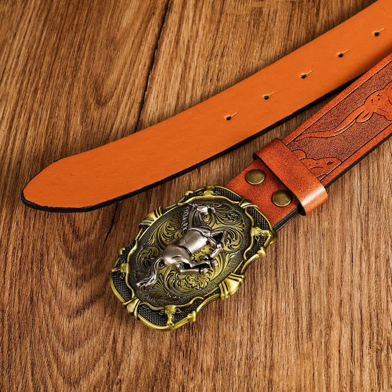 Cintura in pelle con fibbia geometrica a forma di cavallo da corsa da uomo