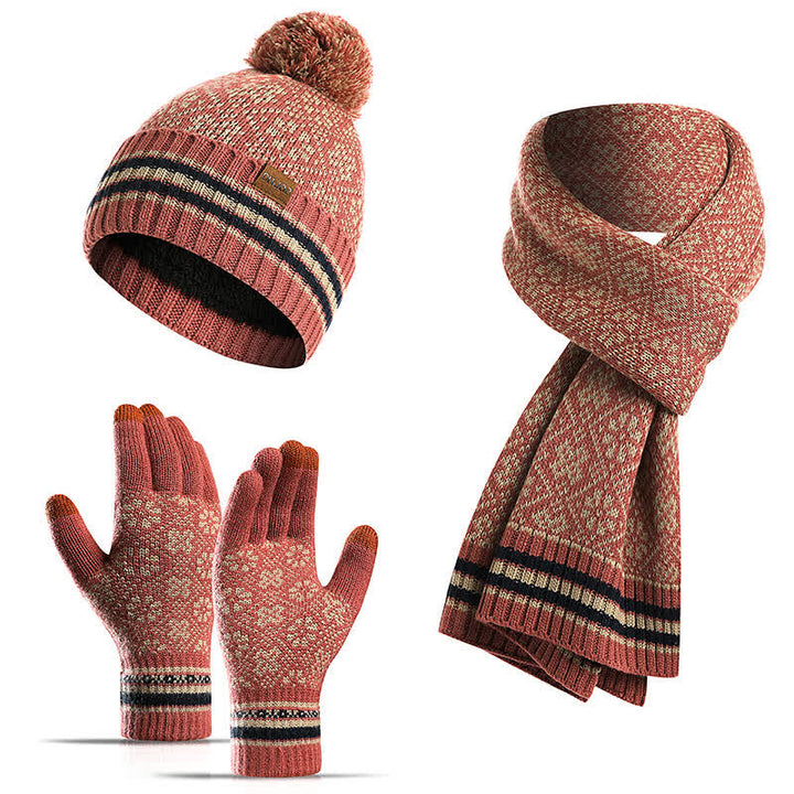 Set di 3 guanti touchscreen unisex con cappello e sciarpa a fiocco di neve