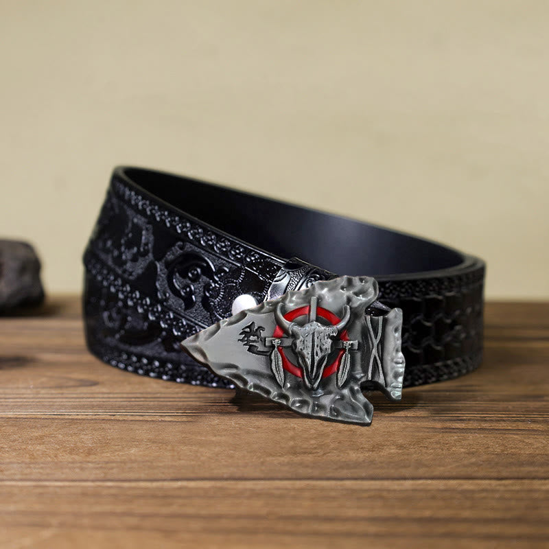 Cintura in pelle con fibbia a forma di toro a forma di punta di freccia fai da te da uomo - Argento antico - Cintura nera intagliata (40) - image 14