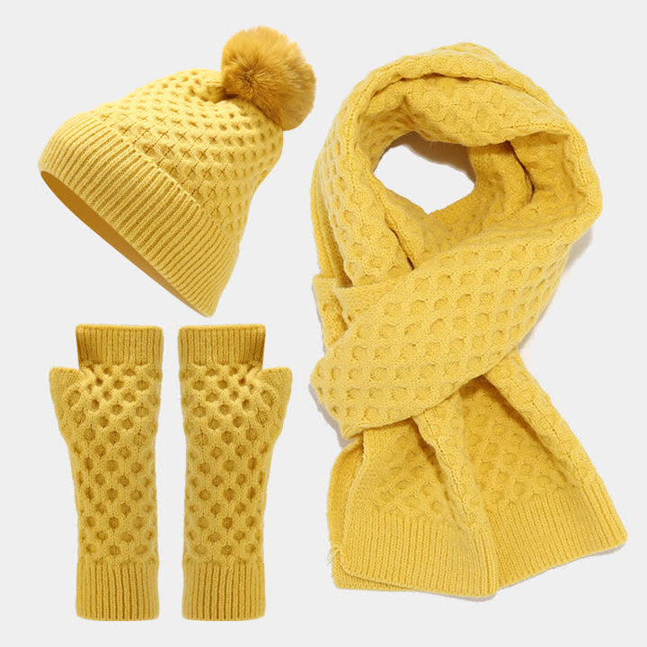 Set di 3 cappelli, sciarpe e guanti lavorati a maglia incrociati da donna