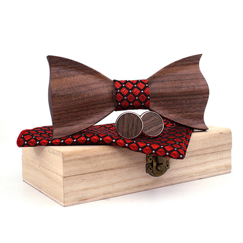 Set di 3 papillon in legno di noce nero 3D da uomo - Rosso - image 0
