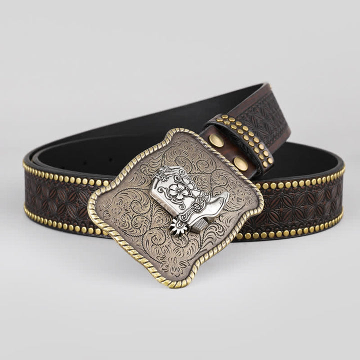Cintura in pelle con fibbia geometrica da uomo con stivali da cowboy