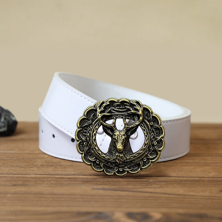 Cintura in pelle con fibbia in corno di alce 3D fai da te da uomo - Bronzo antico - Cintura PU bianca (40) - image 8