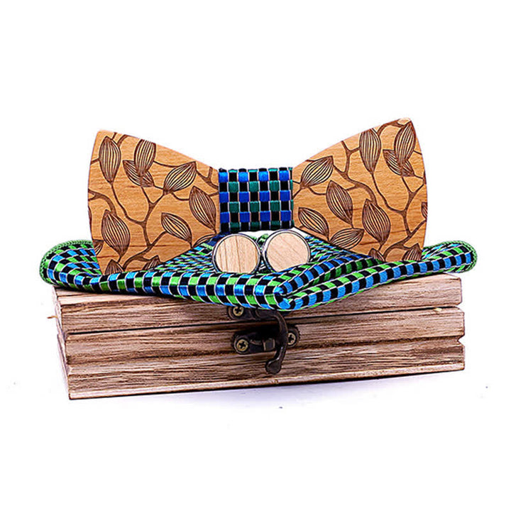 Set di 3 papillon in legno con motivo a foglia da uomo