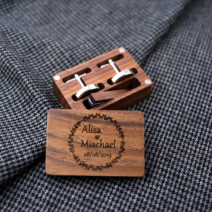 Set di gemelli in legno per matrimonio da uomo con superficie a scatola e incisione personalizzata