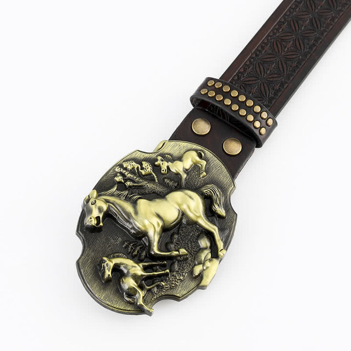 Cintura in pelle goffrata da uomo con motivo "A Herd Of Horses"