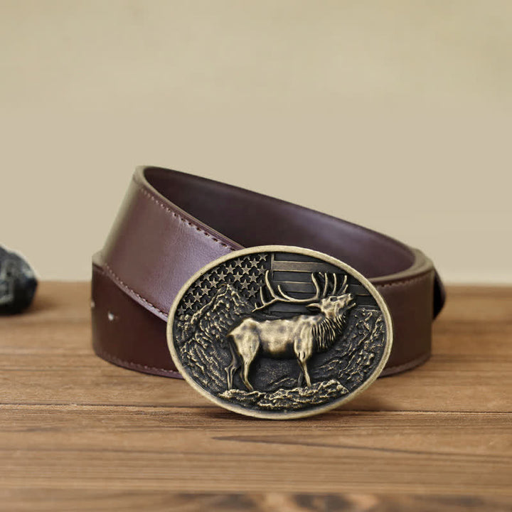 Cintura in pelle fai da te con fibbia della bandiera americana a forma di cervo e alce da uomo - Bronzo antico - Cintura PU marrone (40) - image 13