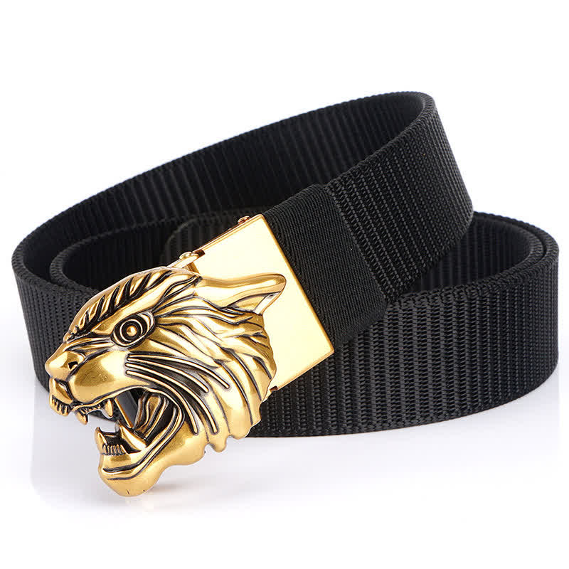Cintura in nylon con testa di tigre ruggente da uomo - Nero / Oro - 48" - image 8