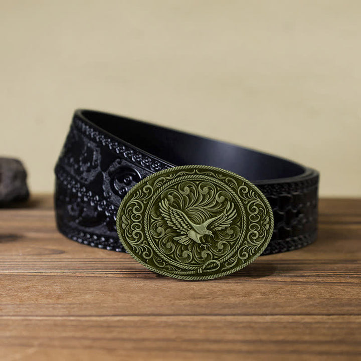 Cintura in pelle con fibbia floreale incisa con aquila volante fai da te da uomo - Bronzo antico - Cintura nera intagliata (40) - image 14